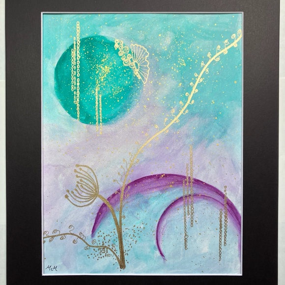 Abstract Original Watercolor Gold Leaf Floral Green & Purple Painting, 9x12 - Picture 3 of 12